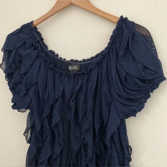 Objects D'Art Womens Sz XL Navy Blue Semi-Sheer Vertical Ruffled Top - Picture 2 of 9